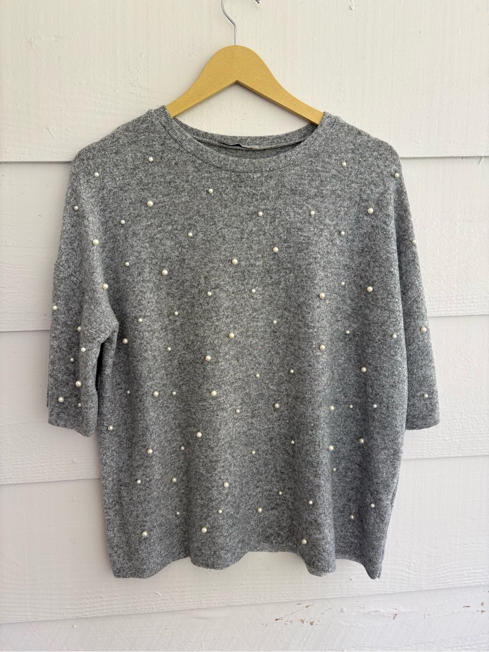 Zara Trafaluc Gray Pearl Embellished Knit Sweater Top Small Coquette Feminine